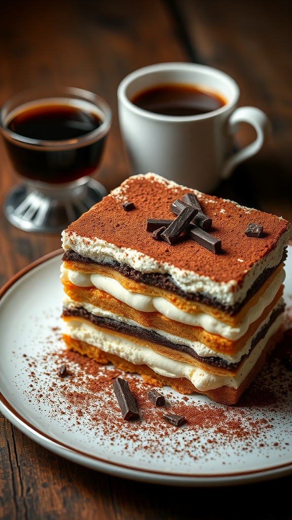 A slice of Tiramisu al Marsala with layers of ladyfingers and mascarpone, garnished with cocoa powder and chocolate shavings.